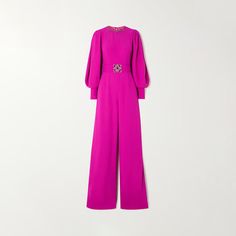 Be the center of attention in this stunning magenta crepe jumpsuit! Voluminous, bell-style sleeves give the outfit a contemporary flair, making it perfect for any special occasion. Make a statement and turn heads in this timelessly beautiful ensemble. Evening Jumpsuits, Business Clothing, Mood Inspiration, Charles James, Winter Jumpsuit, Andrew Gn, Crepe Jumpsuit, Embellished Belt, Voluminous Sleeves