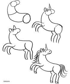 four unicorns are depicted in this black and white drawing