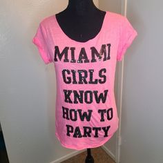 Nwt Pink Victoria's Secret Miami Girls Party Shirt Xs Limited Edition F34 Trendy Party Top With Letter Print, Trendy Letter Print Top For Party, Trendy Tops With Letter Print For Party, Pink Letter Print Party Top, Pink Letter Print Top For Party, Spring Party Tops With Text Print, Casual Pink Party T-shirt, Letter Print T-shirt For Night Out, Pink Casual T-shirt For Party