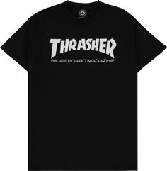 The Skate Mag tee features the classic Thrasher logo we all know and love. Classic Screen Print T-shirt For Streetwear, Classic Black T-shirt With Letter Print, Black Graphic Tee For Skateboarding, Black Logo Print Top For Skateboarding, Black Screen Print T-shirt, Classic Streetwear T-shirt With Screen Print, Black Tops With Logo Print For Skateboarding, Black Short Sleeve T-shirt For Skateboarding, Black Letter Print T-shirt For Skateboarding