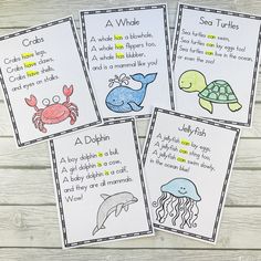 four printable sea animals cards with the words crab, whale, and turtle on them