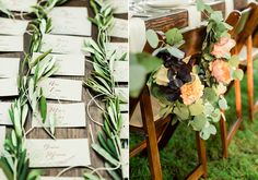 an arrangement of flowers and greenery are arranged on the back of wooden folding chairs