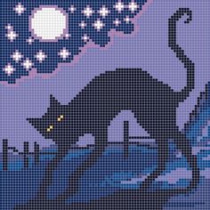 a cross stitch pattern with a black cat in the night sky and stars above it