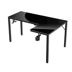 a computer desk with a black top and metal legs