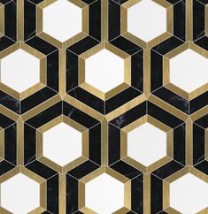 black and gold hexagonal tiles with white squares