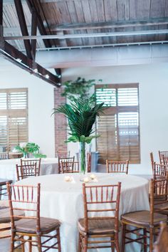 a table with chairs and a plant in the center is set up for an event