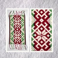 two pieces of woven fabric with red and green designs on them, one in the shape of a rectangle