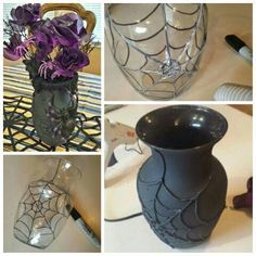 four different vases with purple flowers in them and one spider web on the bottom