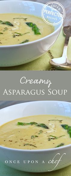 two pictures of creamy asparagus soup in white bowls