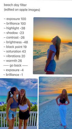 two girls are standing on the beach at sunset