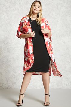 $24.90--- Forever 21+ - A woven kimono featuring an allover crane print, contrast piping, open front, dropped shoulders, short kimono sleeves, side vents, and a longline silhouette. Crane Print, Forever 21 Plus Size, Kimono Sleeves, Short Kimono, Print Kimonos, Contrast Piping, Plus Size Shorts