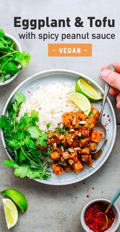 an eggplant and tofu dish with spicy peanut sauce on a white plate