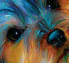 a painting of a dog's face with blue, yellow and orange colors on it