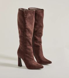 Chic and on-trend, these faux suede boots feature an under-the-knee height to stylishly pair with mini dresses, pants, or leggings. They feature a pointed toe, a complete inner zipper closure for effortless styling, and an asymmetric block heel.Fit & FeaturesAsymmetric block heelFaux suede materialUnder-the-knee heightPointed toeComplete inner zipper closureRuns true to size Under The Knee Boots, White Holiday Dress, Sequin Holiday Dress, Holiday Formal Dresses, Homecoming Shoes, Backless Dress Short, Cocktail Dress Holiday, Red Holiday Dress, Beach Wedding Guest Dress