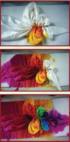 three pictures of different colored feathers on top of each other, one with a flower in the middle