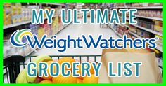 grocery list for weight watchers in grocery store aisle with shopping cart full of fruits and vegetables