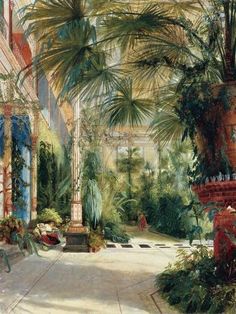 a painting of a courtyard with palm trees and potted plants on either side of the walkway