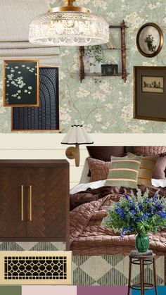 there is a collage of photos with different furniture and decor items in the room