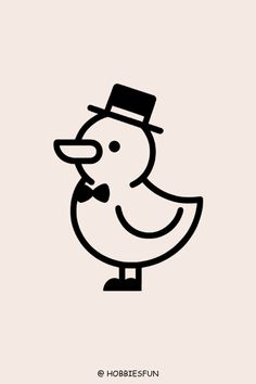 a black and white drawing of a duck wearing a top hat