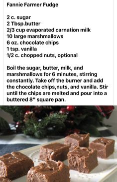 chocolate fudge recipe on a white plate with christmas decorations in the background and instructions