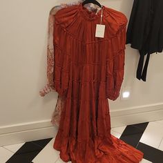 Brand New Silk Tiered Midi Zimmermann Dress Size 2 Zimmermann Spring Red Silk Dress, Red Silk Dress For Spring, Red Silk Long Sleeve Midi Dress, Red Silk Dress For Fall, Red Silk Dresses For Fall, Fall Red Silk Dresses, Corset Lace Dress, Wrap Dress Long Sleeve, Wrap Dress Long