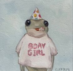 a painting of a frog wearing a pink shirt with a party hat on it's head