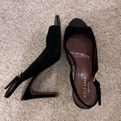 Nwot. Never Worn. Perfect Condition Black Suede Slingback Heels. Open Toe. Size 6-6.5 Black Open Toe Slingback Pumps For Office, Open Toe Heels For Work, Black Slingback Sandals With 4-inch Heel, Black Slingback Sandals With 4-inch Heel For Work, Slingback Sandals With 4-inch Heel For Work, Open Toe Slingback Sandals With 4-inch Heel For Work, Open Heel Slingback Sandals With 4-inch Heel For Work, Workwear Slingback Pumps With 4-inch Heel And Open Toe, Black Slingback Pumps With Branded Insole For Work