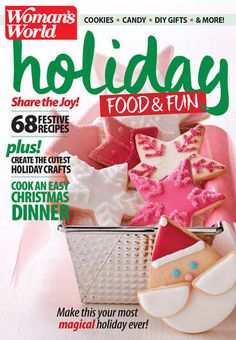 the cover of woman's world holiday food and fun magazine, with cookies in a basket