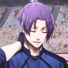 an anime character with purple hair in front of a stadium