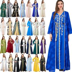 Premium Quality Abaya Women Open Long Dress Set Muslim Kimono Cardigan Robe Ramadan Gown Caftan, Dresses Spring Blue Long Sleeve Abaya, Eid Long Maxi Dress, Traditional Long Sleeve Abaya For Spring, Bohemian Long Sleeve Dress For Eid, Long Kimono For Eid Party, Long Abaya For Spring Wedding, Traditional Long Sleeve Blue Robe, Spring Wedding Abaya In Long Shape, Bohemian Long Sleeve Thobe For Spring