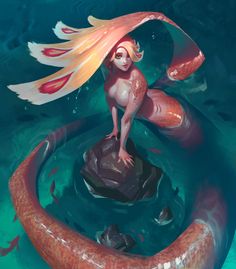 a painting of a mermaid sitting on top of a rock in the middle of water