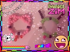 two bracelets made out of candy beads on a pink background with an emoticive smiley face