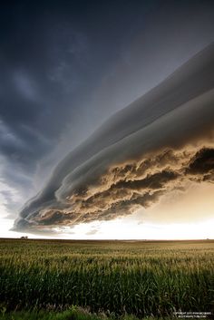 a large cloud is in the sky over a field