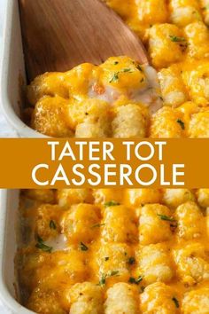 tater tot casserole in a white dish with a wooden spoon