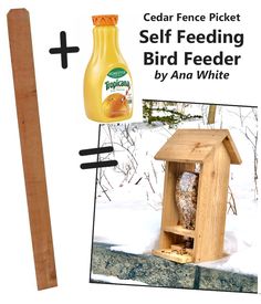 the bird feeder is made from wood and has a bottle of seeding fluid in it