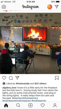 an instagram page with children sitting at desks in front of a fire