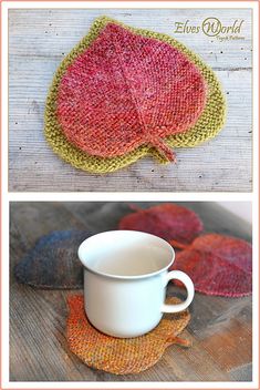 knitted autumn leaf coasters and coffee cup cozying pattern by elly's world