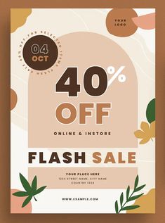 a flyer for a flash sale with leaves and dots on the front, in brown tones