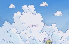 the sky is filled with clouds and cartoon characters