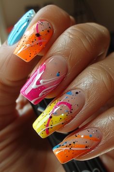 Orange Nails 2024 Nails Acrylic Vibrant, Acrylic Nail Designs Abstract, Abstract Nail Tips, Neon Effect Nail Art, Neon Tye Dye Nails, 80s Nails Designs Neon, Neon Pop Art Nails, Neon Graffiti Nails, Short Coffin Nails Designs