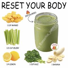 an image of a green smoothie in a jar with ingredients to make it ready