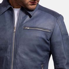 Mens Lavendard Blue Leather Biker Jacket 6 Fitted Leather Jacket With Padded Collar For Business, Blue Leather Jacket For Work, Classic Blue Long Sleeve Leather Jacket, Classic Blue Leather Outerwear, Blue Biker Leather Jacket, Blue Long Sleeve Biker Leather Jacket, Fitted Blue Biker Jacket With Zipper Closure, Luxury Blue Biker Jacket, Luxury Blue Leather Jacket