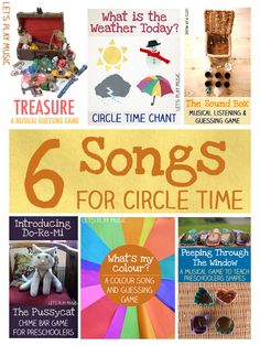 the cover of 6 songs for circle time, with pictures of toys and other items