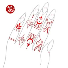 red and white nail art designs on the palm of someone's hand with chinese writing