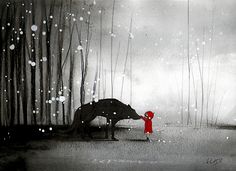 a painting of a person standing next to an animal in the woods with snow falling all around