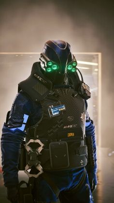 a man in a futuristic suit with green eyes