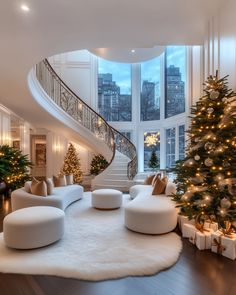 a living room filled with furniture and a christmas tree in front of a large window