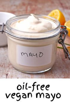 A jar of vegan mayo. Mayo Substitute, Vegan Dressing Recipes, Oil Free Vegan Recipes, Vegan Dip, Vegan Mayo, Homemade Oil, Oil Free Vegan