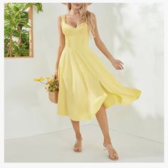 Light Yellow Spring Dress Corset Sweetheart (Medium) New In Original Purchasing Package. Cute Dress, Didn't Fit My Bust Yellow Spring Dress, Yellow Summer Dress, Dresses Casual Boho, Summer Midi Dress, Dress Corset, Long Beach Dress, Evening Dresses Short, Butter Yellow, Midi Dress Casual