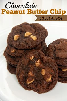 chocolate peanut butter chip cookies on a white plate